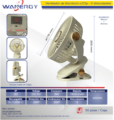 VENTILADOR DE ESCRITORIO USB RECARGABLE CON PINZA 3 MODOS 5W BLANCO
